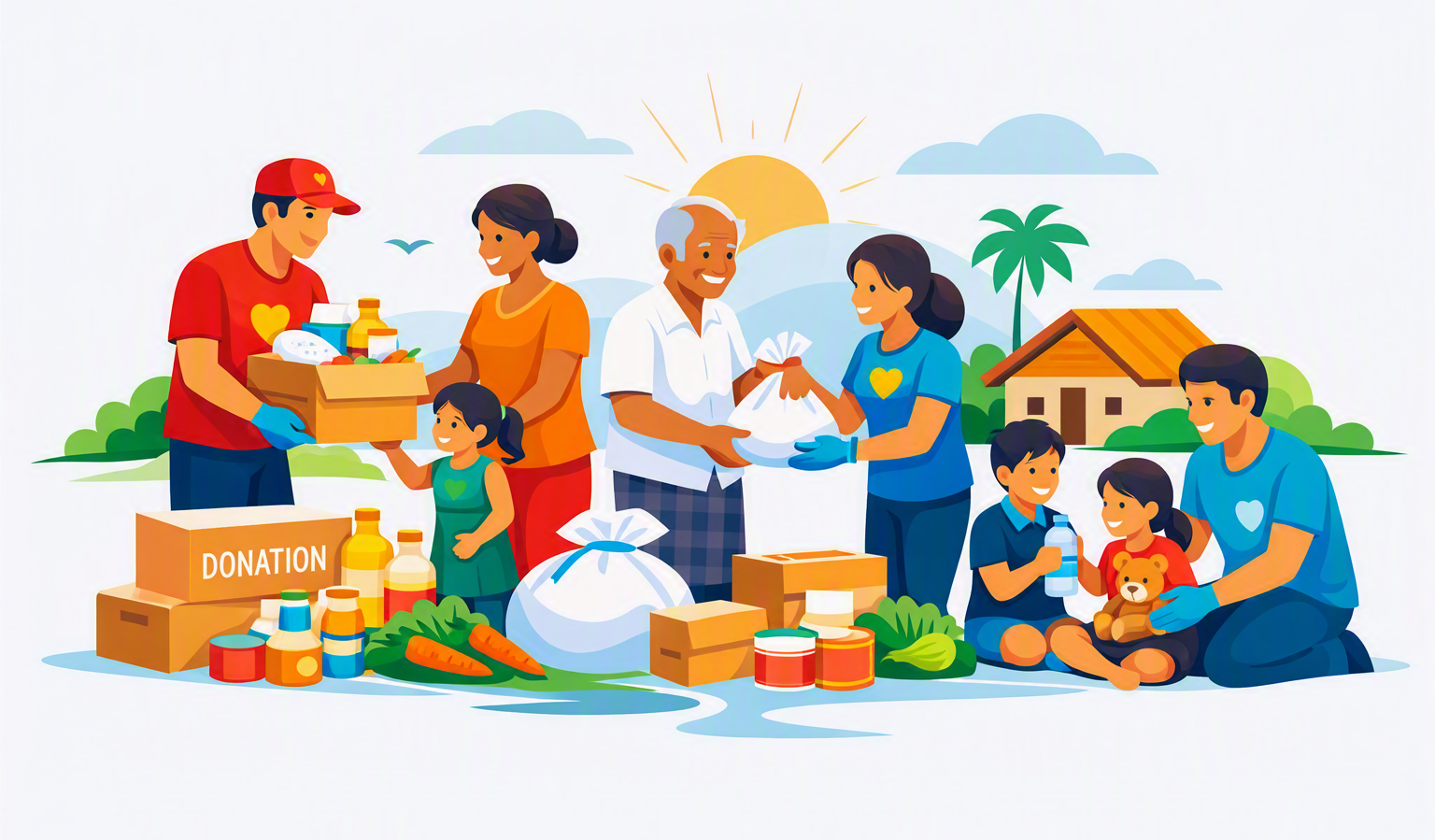 Volunteers distributing donations to a family